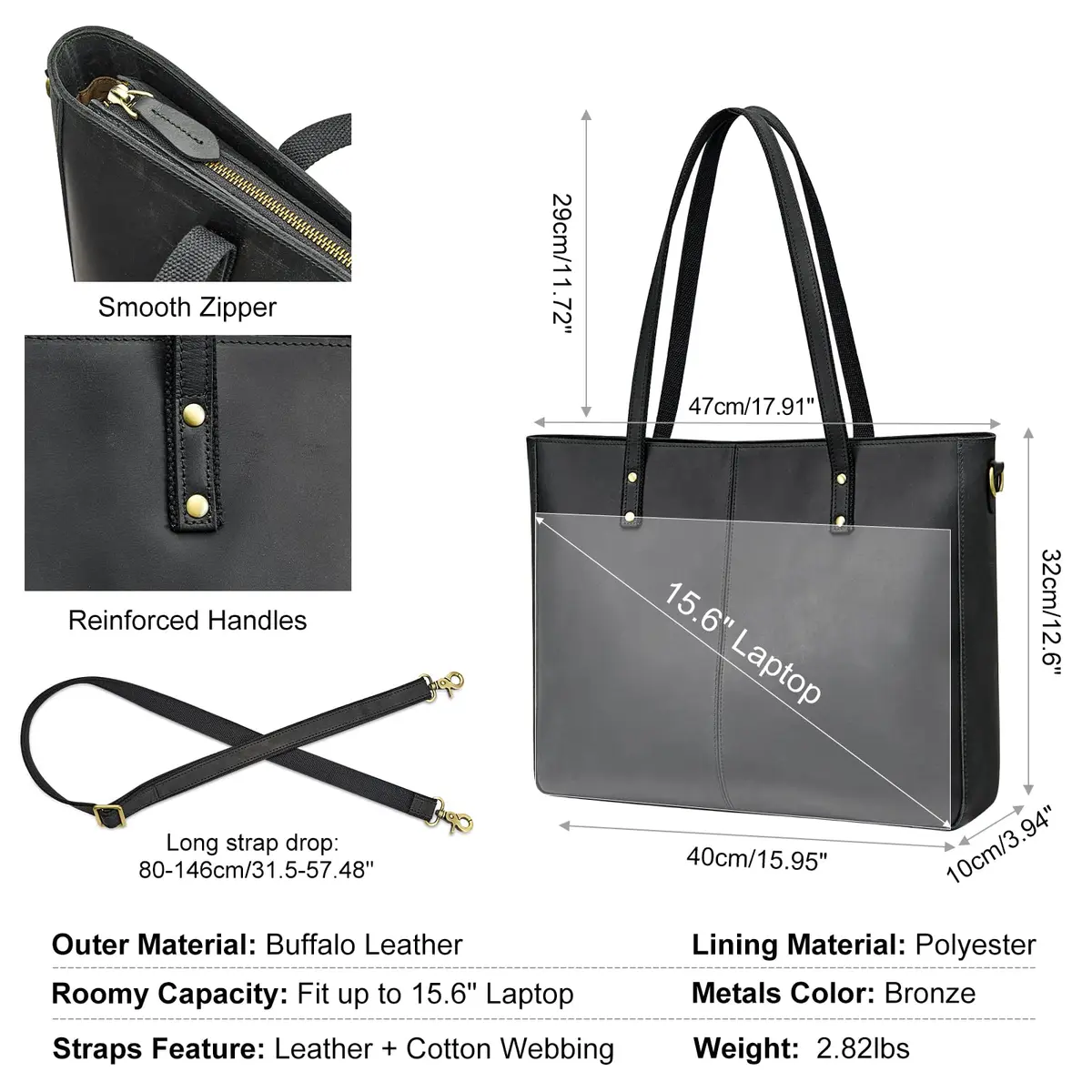 S-ZONE Genuine Leather Shoulder Tote Bag for Women Large Handbag Work Purse | Vintage Cowhide, Detachable Pouch - view 3