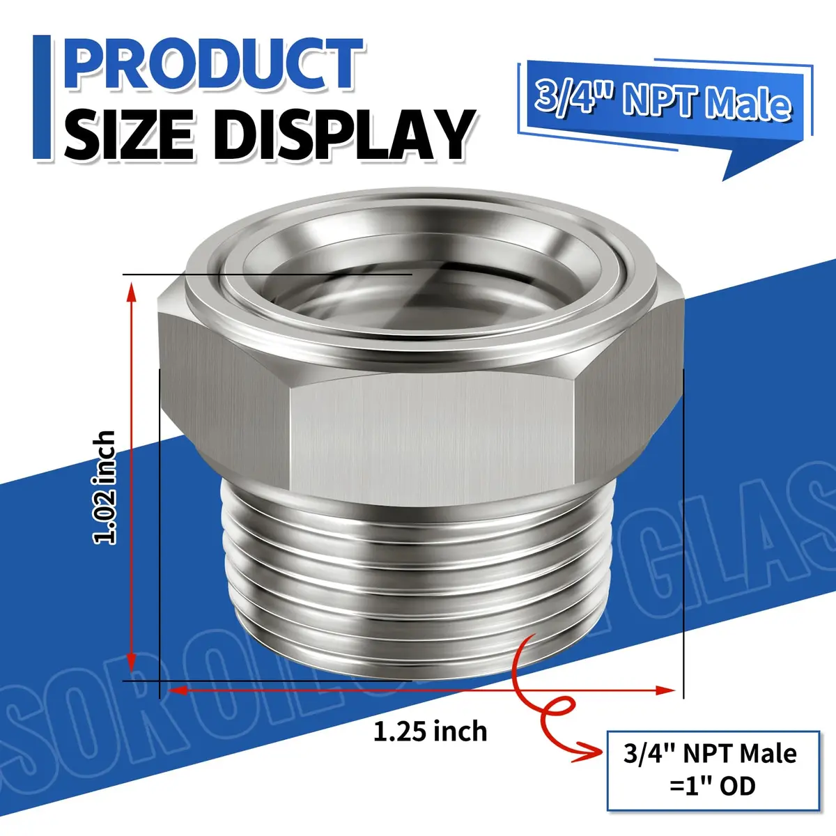 Boltigen 3/4" NPT Male Hex Head Stainless Steel Oil Sight Glass Liquid Level Gauge | 800 PSI Pressure Rated - view 3