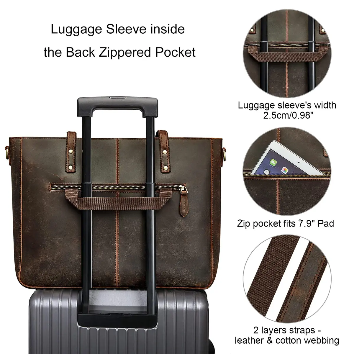 S-ZONE Genuine Leather Shoulder Tote Bag for Women Large Handbag Work Purse | Vintage Cowhide, 15.6" Laptop Fit - view 5