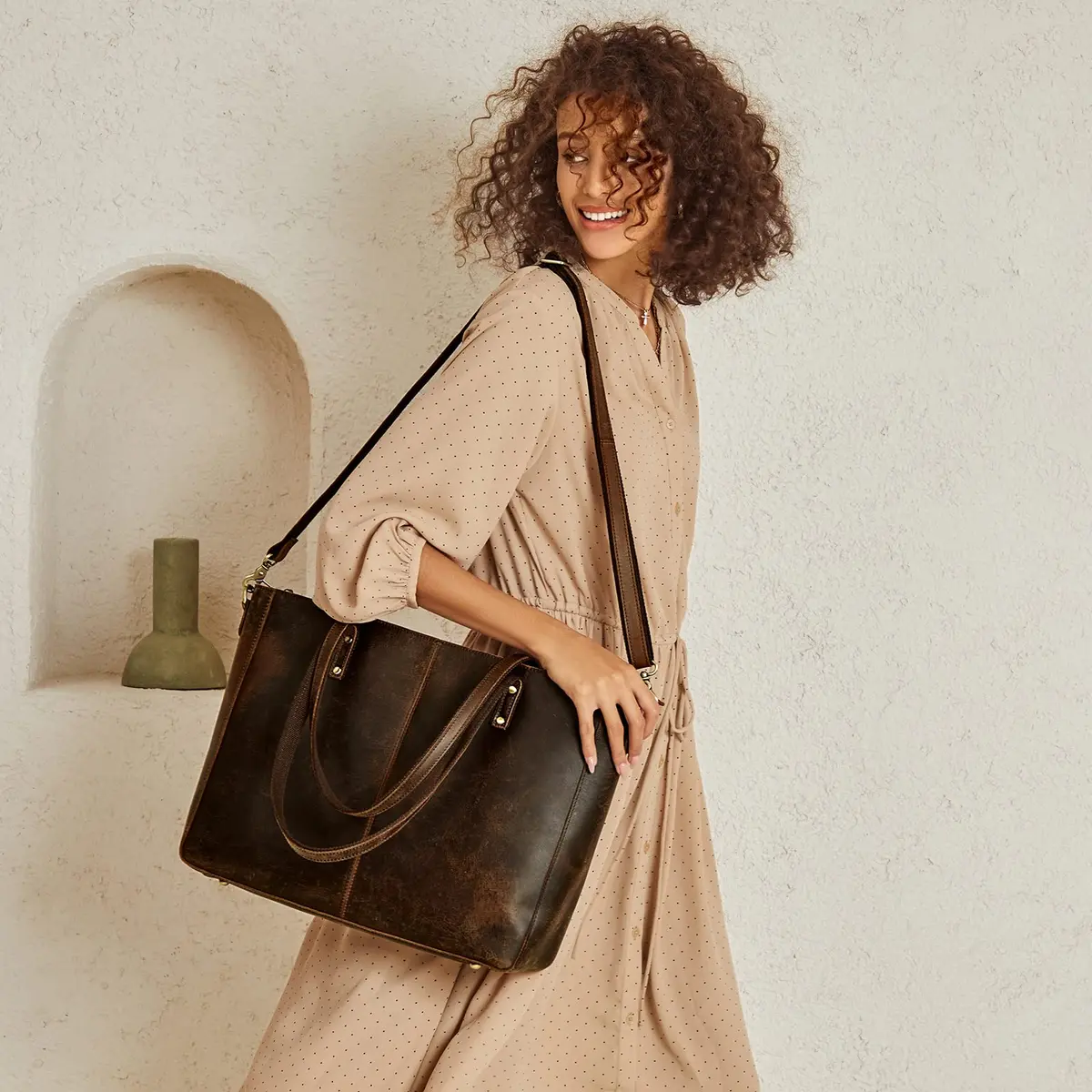 S-ZONE Genuine Leather Shoulder Tote Bag for Women Large Handbag Work Purse | Vintage Cowhide, 15.6" Laptop Fit - view 2