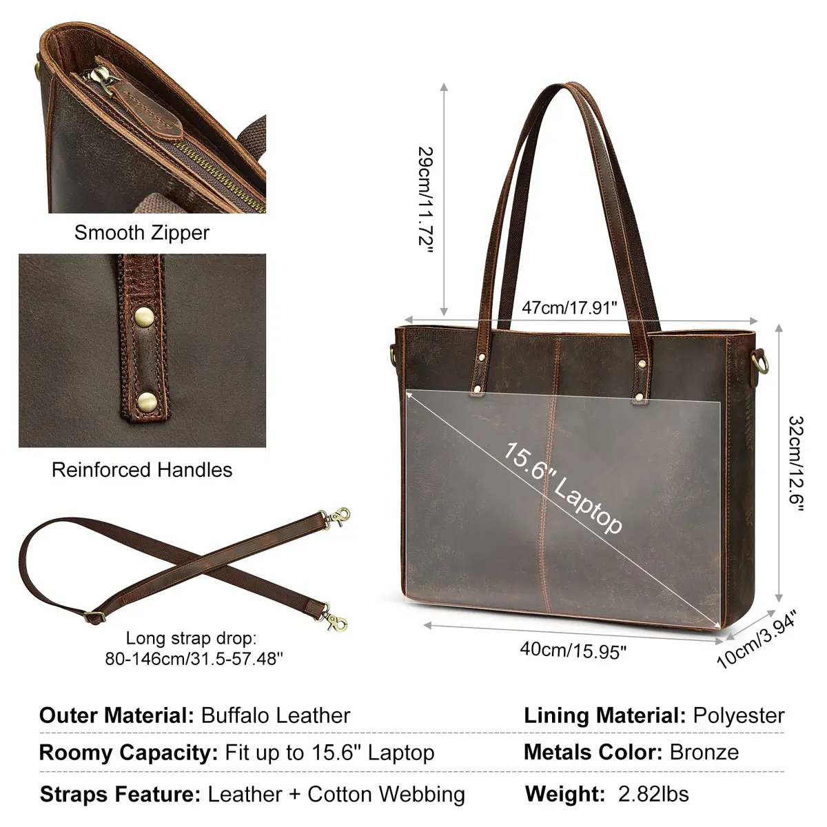 S-ZONE Genuine Leather Shoulder Tote Bag for Women Large Handbag Work Purse | Vintage Cowhide, 15.6" Laptop Fit - view 3