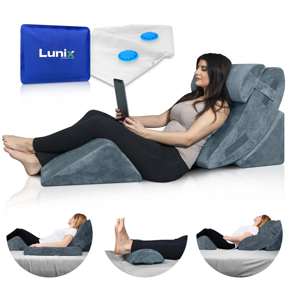 Lunix LX5 4pc Orthopedic Bed Wedge Pillow Set for Abdominal Surgery Recovery | Semi-Upright Position Support - main product image
