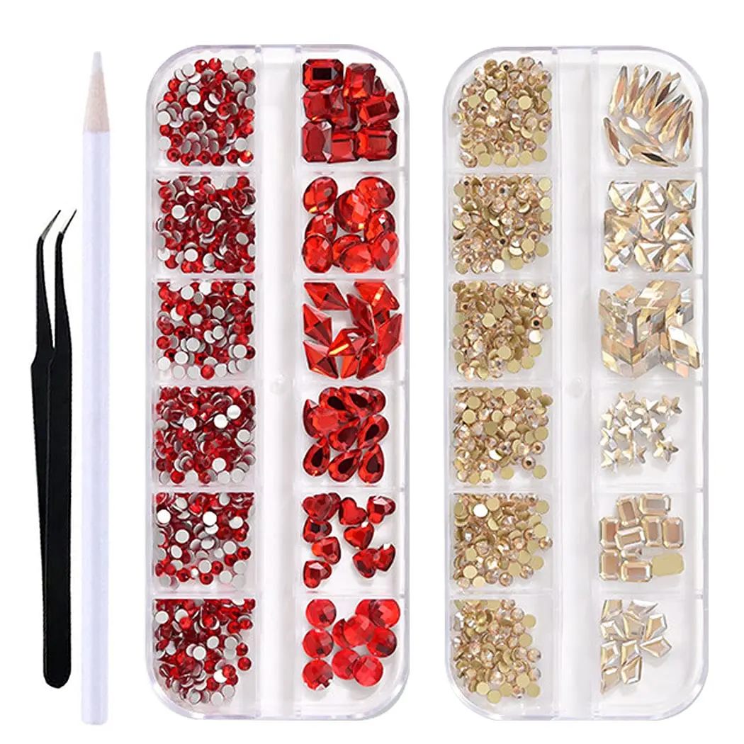 WOKOTO Champagne & Red Nail Rhinestones Set with Tools | Flat Back Glass Crystals for Acrylic Nails (2 Boxes + Tools) - main product image