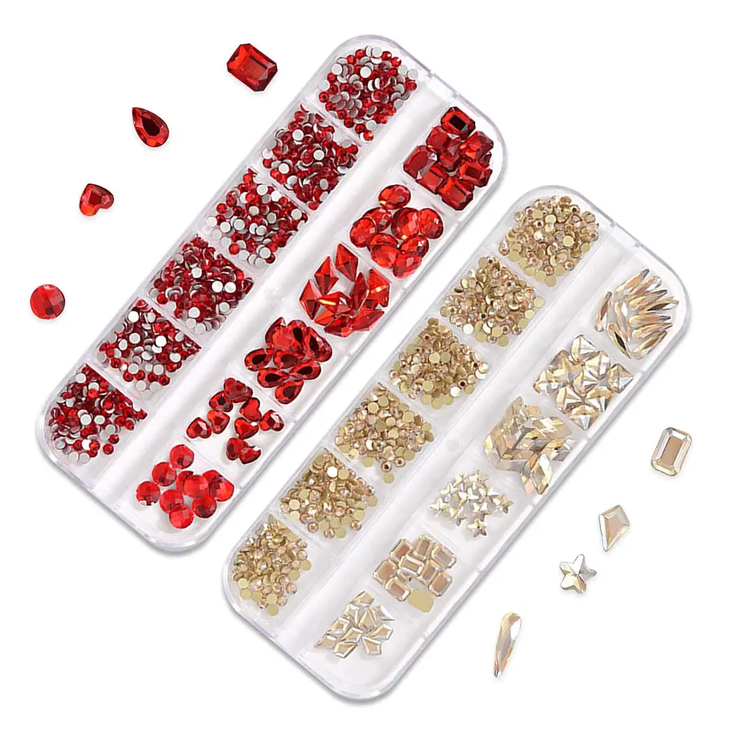 WOKOTO Champagne & Red Nail Rhinestones Set with Tools | Flat Back Glass Crystals for Acrylic Nails (2 Boxes + Tools) - view 5