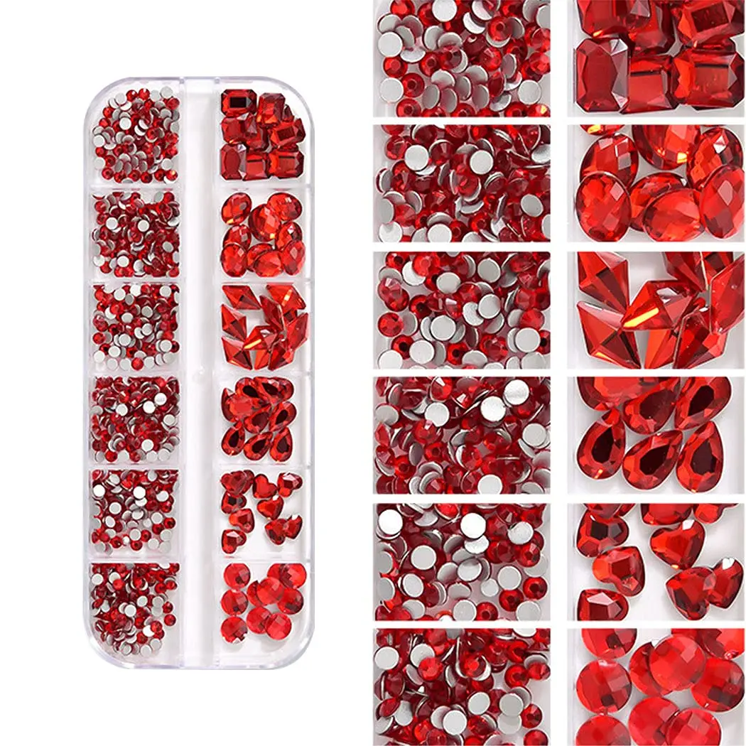 WOKOTO Champagne & Red Nail Rhinestones Set with Tools | Flat Back Glass Crystals for Acrylic Nails (2 Boxes + Tools) - view 3