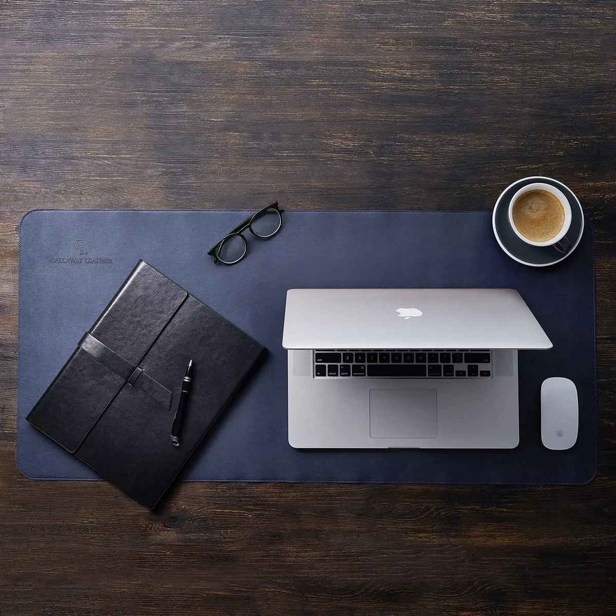 GALLAWAY LEATHER Large Navy Blue Desk Mat 36" x 17" | Elegant PU Leather Office Desk Cover - view 9