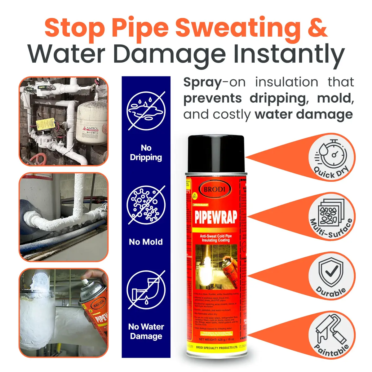 Brodi PipeWrap Spray Foam Insulation for Hard-to-Reach Areas, Fittings & Valves, Anti-Sweat Pipe Coating Spray, Stops Condensation Buildup & Prevents Dripping (15 Fl Oz / 444ml) - view 2