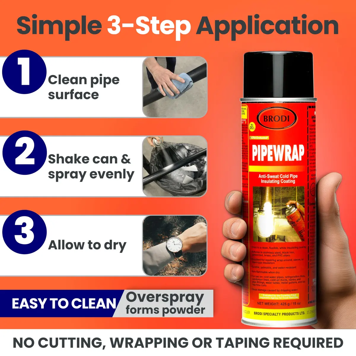 Brodi PipeWrap Spray Foam Insulation for Hard-to-Reach Areas, Fittings & Valves, Anti-Sweat Pipe Coating Spray, Stops Condensation Buildup & Prevents Dripping (15 Fl Oz / 444ml) - view 3