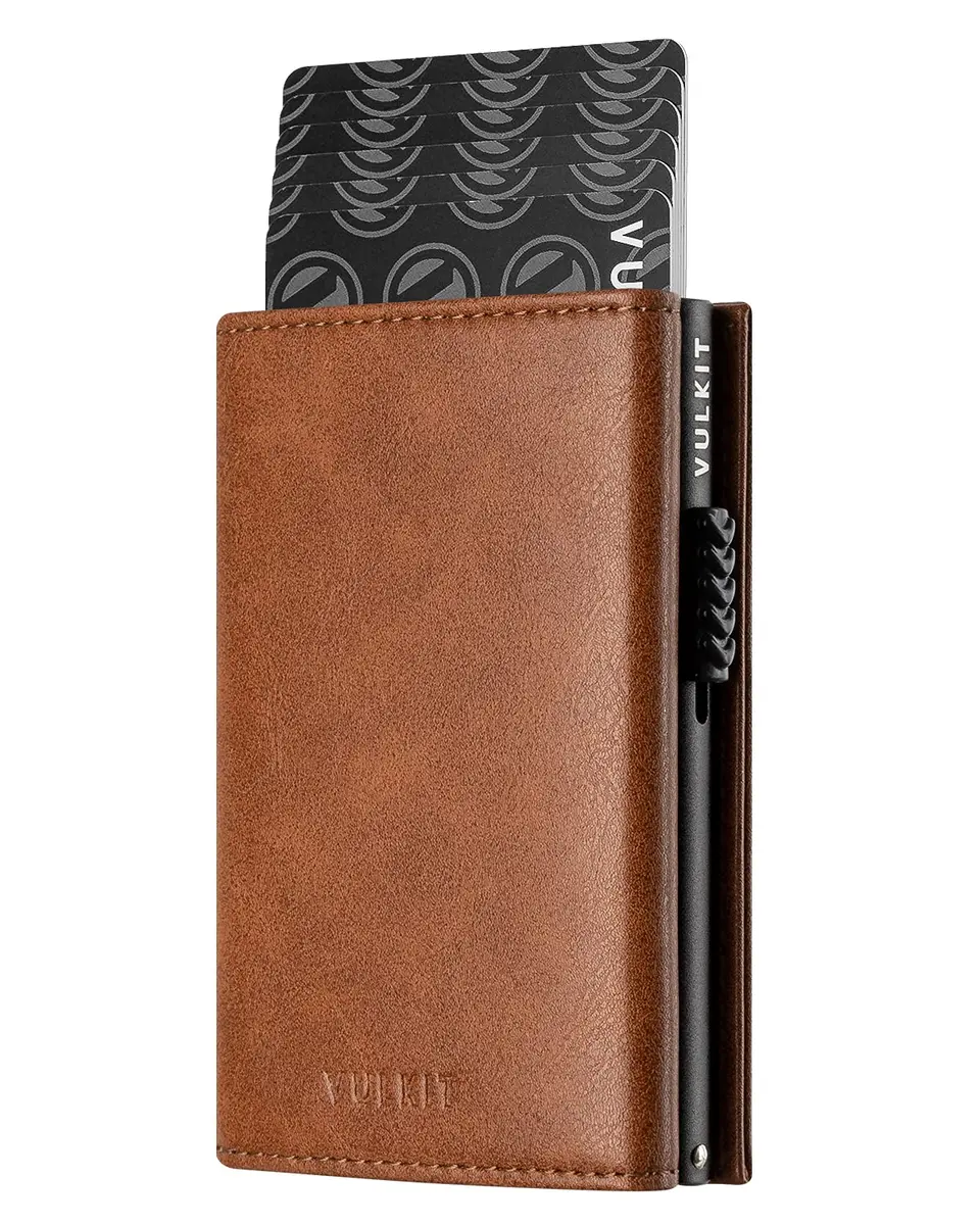 VULKIT Card Holder Wallet with Coin Pocket & ID Window | Pop Up Cards, RFID Blocking, Genuine Leather, Brown - main product image