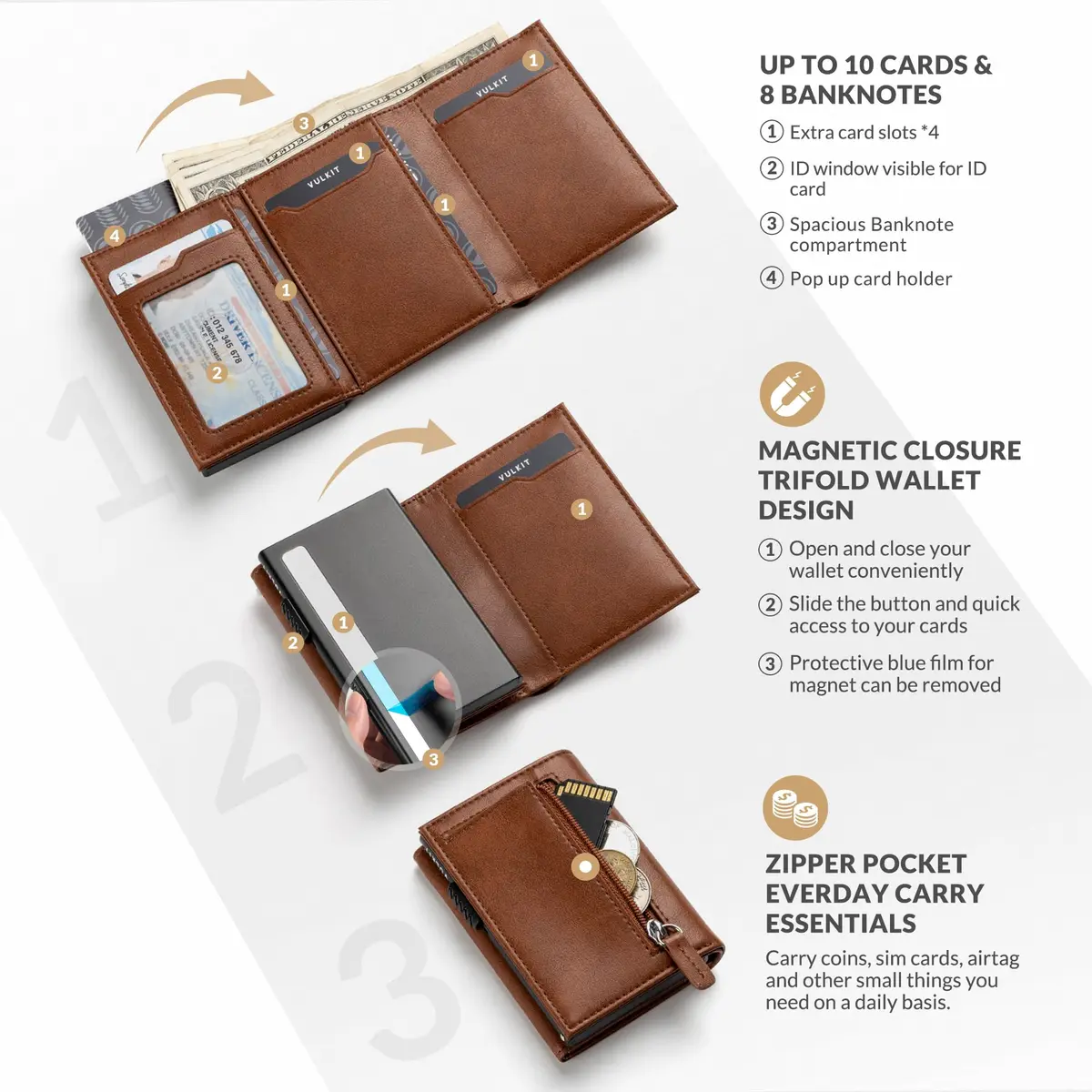 VULKIT Card Holder Wallet with Coin Pocket & ID Window | Pop Up Cards, RFID Blocking, Genuine Leather, Brown - view 2