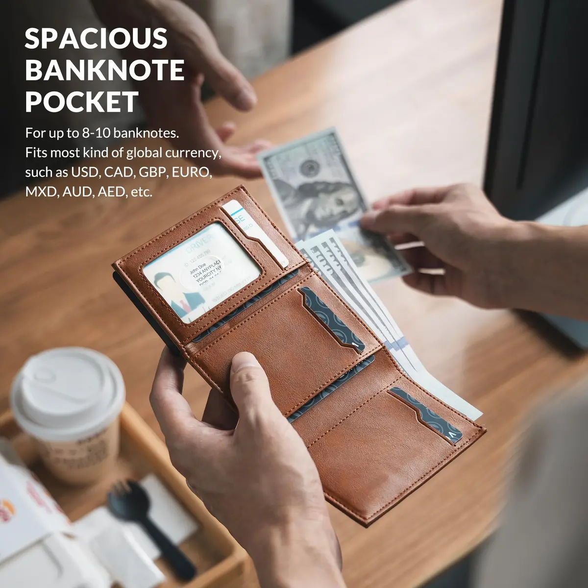 VULKIT Card Holder Wallet with Coin Pocket & ID Window | Pop Up Cards, RFID Blocking, Genuine Leather, Brown - view 4