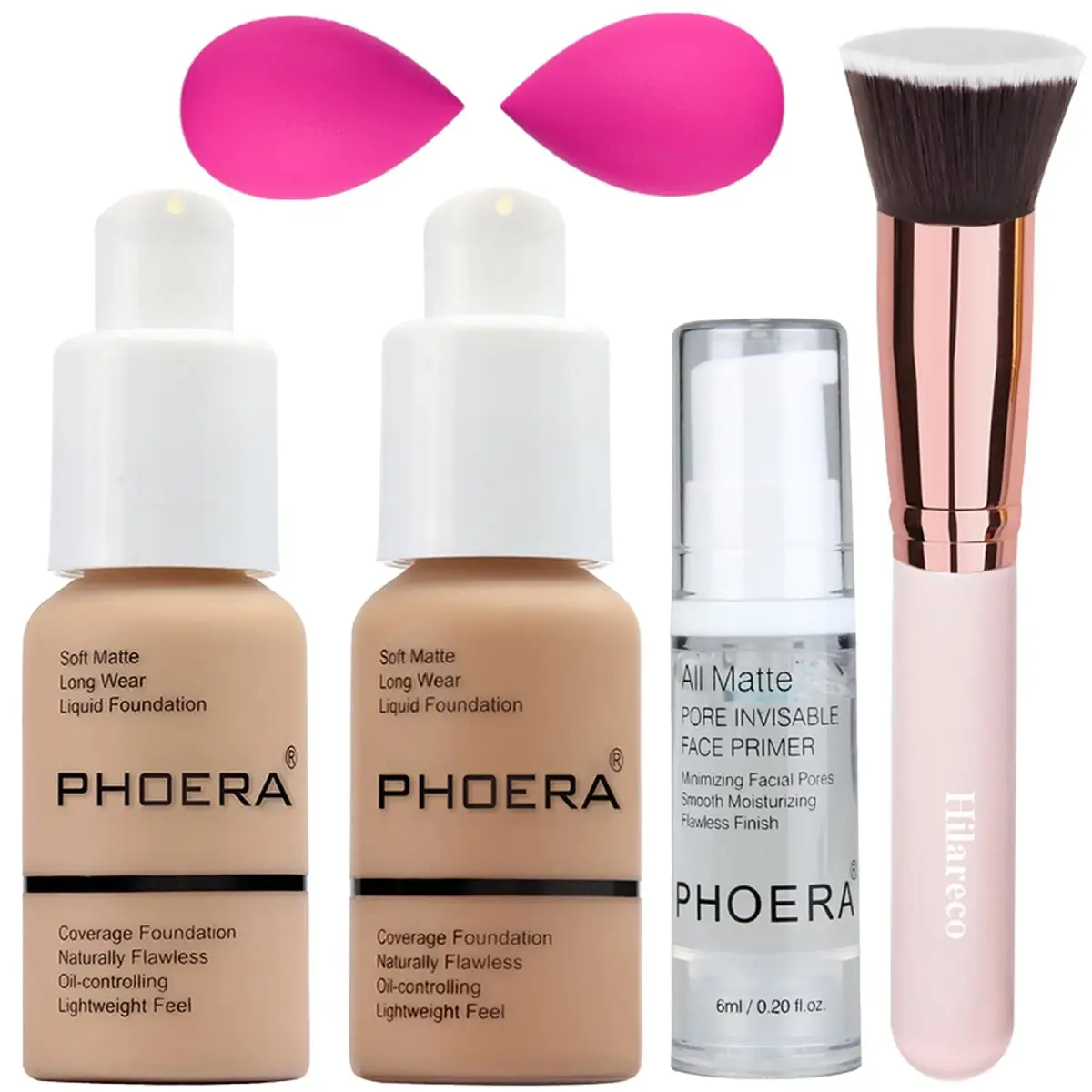 PHOERA Foundation & Primer Set with Kabuki Brushes & Sponges (Buff Beige + Sand) | Full Coverage Matte Finish - main product image
