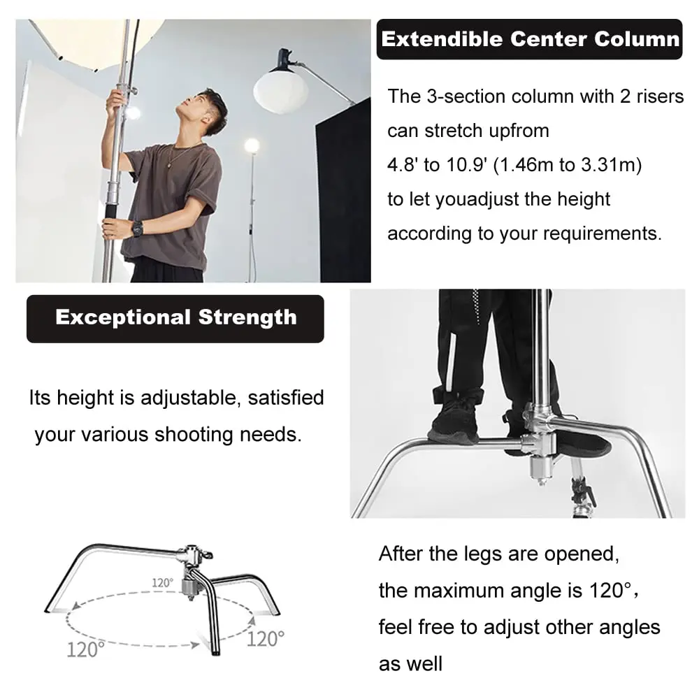 soonpho Heavy Duty C Stand 10.8ft/330cm with Boom Arm | Stainless Steel Photography Support - view 5