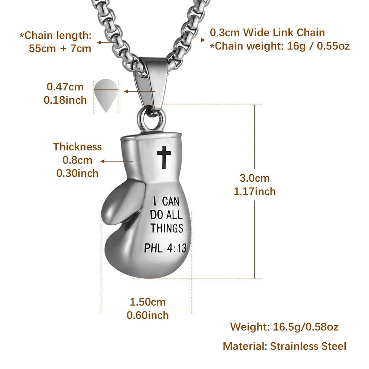 HZMAN Boxing Glove Bible Verse Pendant Necklace with Chain, 2.5cm Pendant, 22+2 Inch Chain - view 6