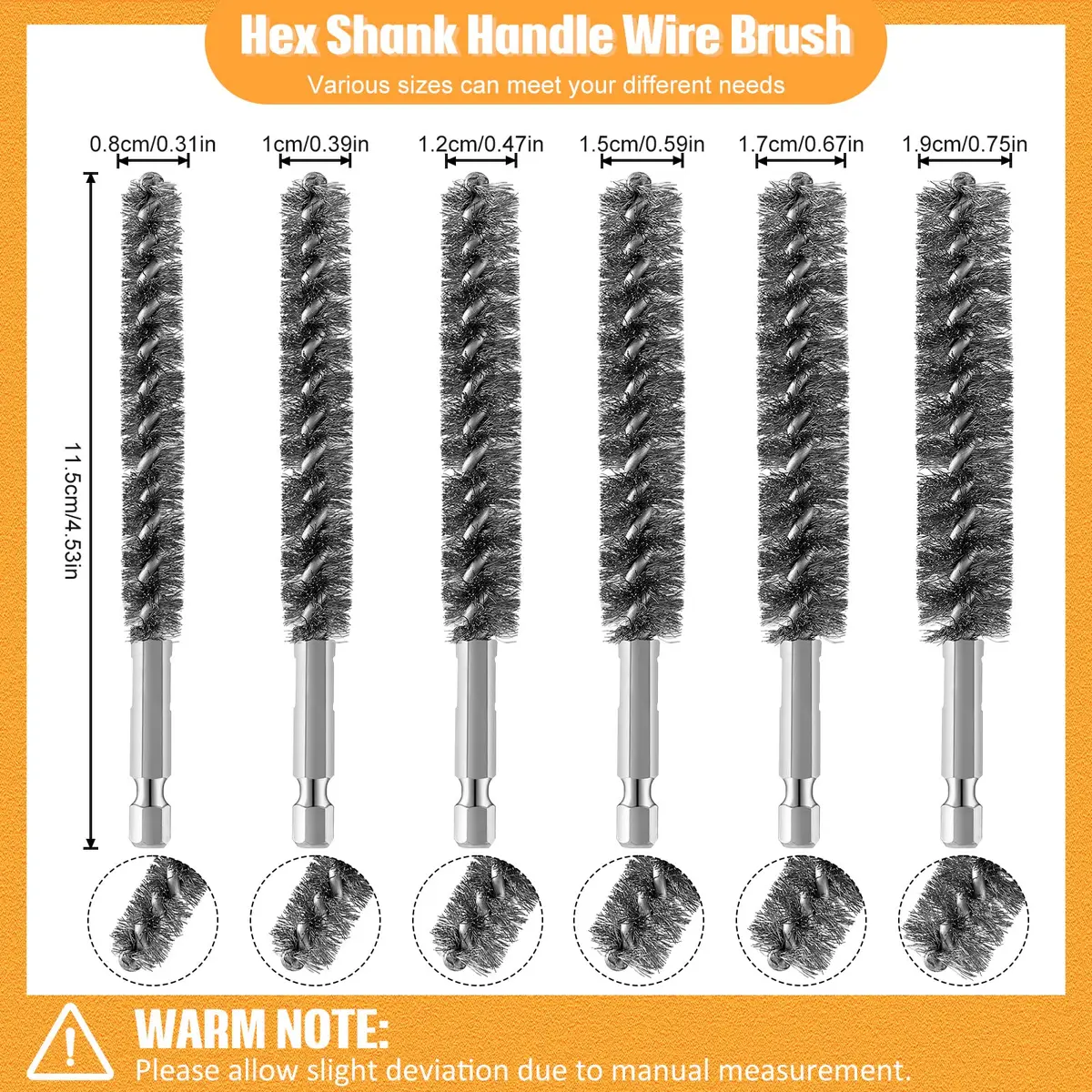 Geiserailie 6 Pcs Stainless Steel Bore Brush Set 0.8-1.9 cm | For Power Drills & Deburring - view 2
