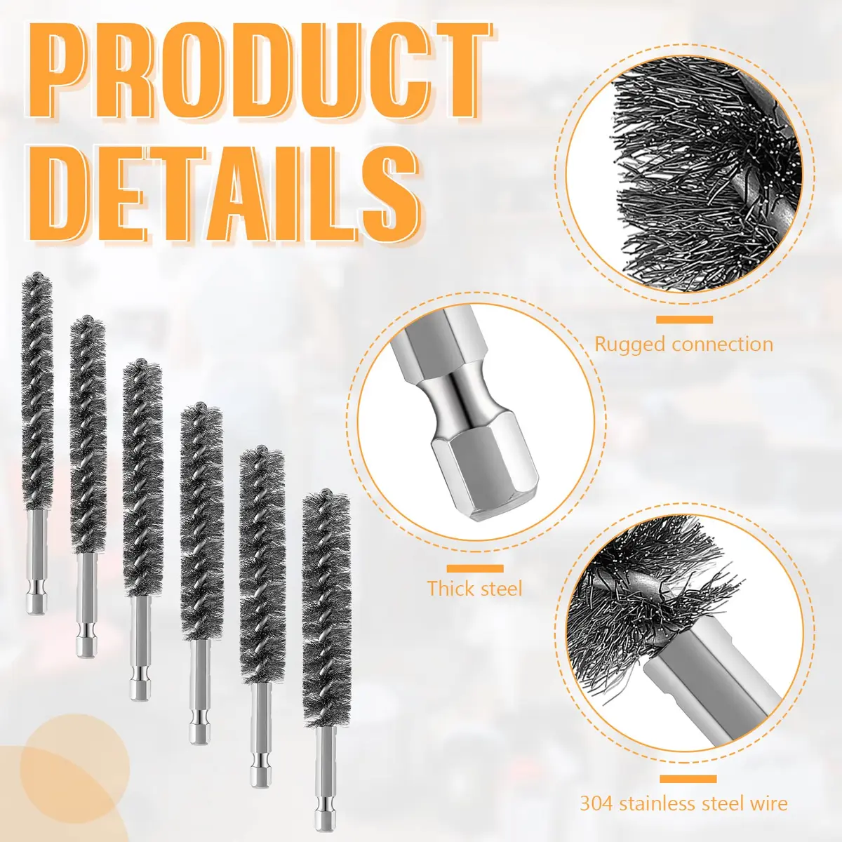 Geiserailie 6 Pcs Stainless Steel Bore Brush Set 0.8-1.9 cm | For Power Drills & Deburring - view 3