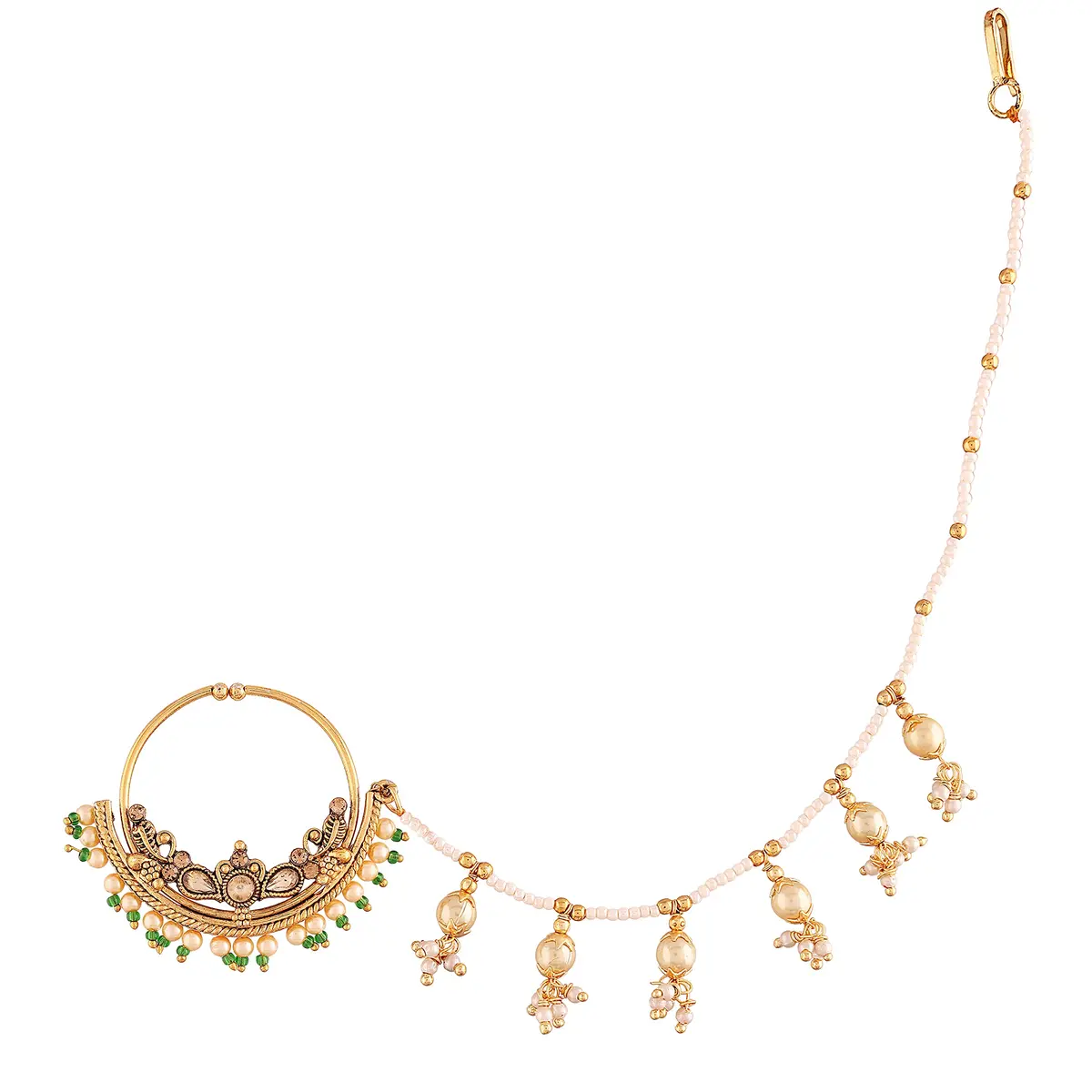 I Jewels Gold Plated Clip-On Nose Ring with Pearl Chain & Hook Closure - 4.5 cm Diameter | Traditional Indian Bridal Jewelry - main product image
