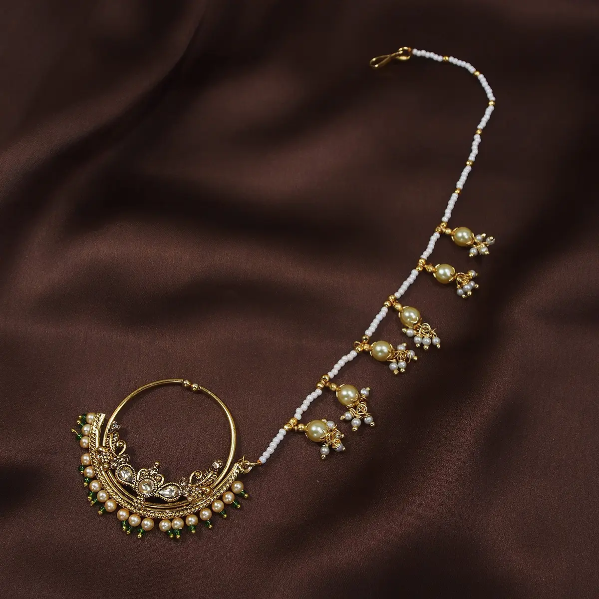 I Jewels Gold Plated Clip-On Nose Ring with Pearl Chain & Hook Closure - 4.5 cm Diameter | Traditional Indian Bridal Jewelry - view 2
