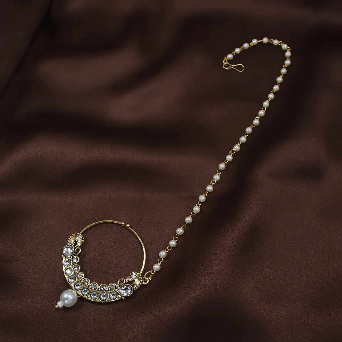 I Jewels Bollywood No Piercing Ethnic Party Wear Nose Ring with Chain for Women (Style6) | White Gold Stone - view 2