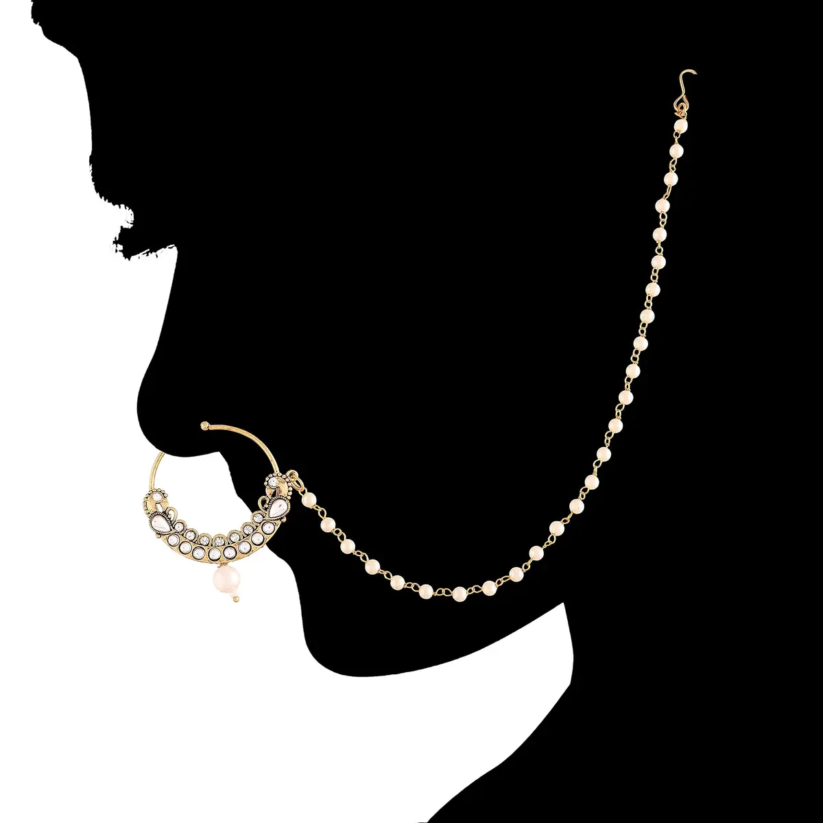 I Jewels Bollywood No Piercing Ethnic Party Wear Nose Ring with Chain for Women (Style6) | White Gold Stone - view 3