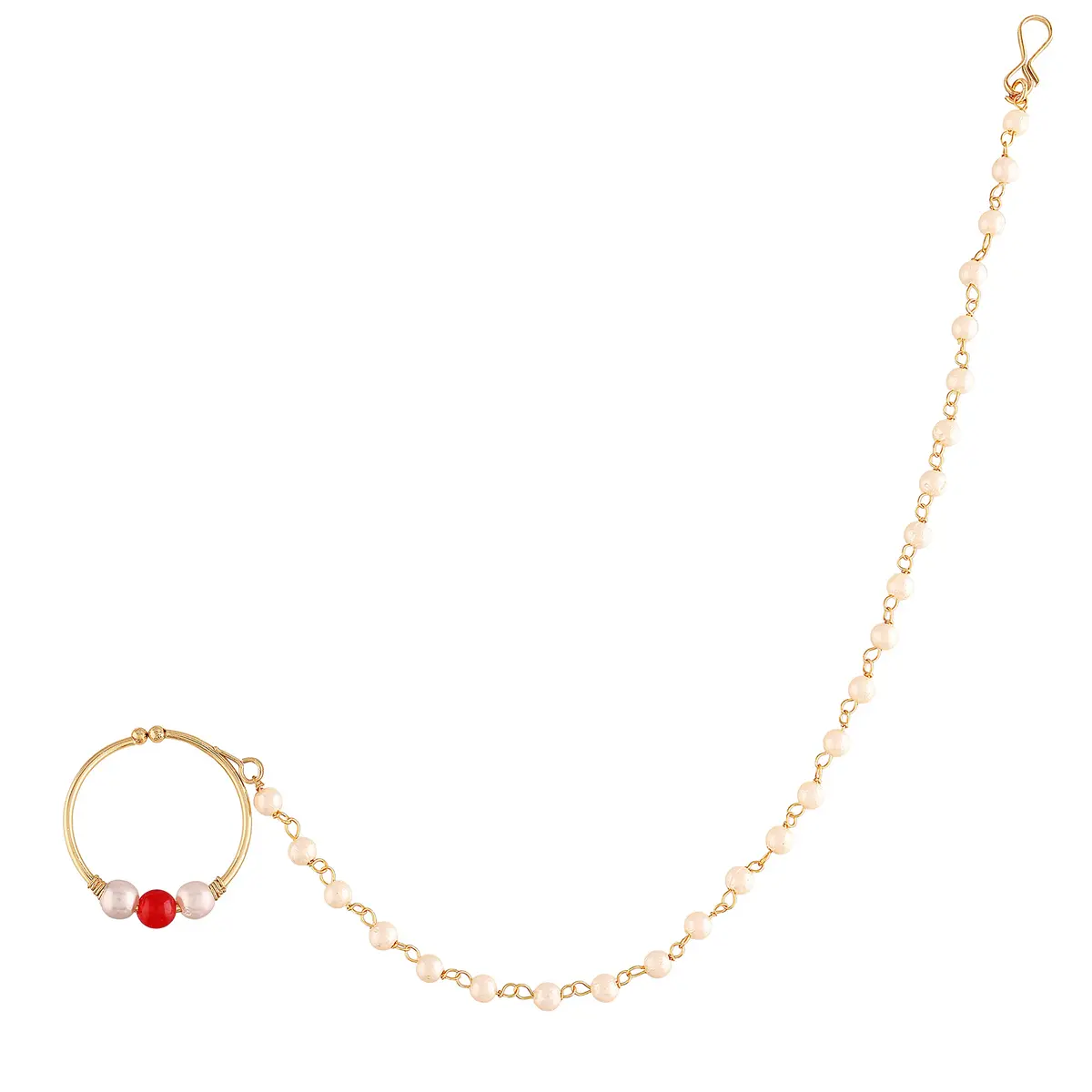 I Jewels Gold Plated Clip-On Nose Ring with Pearl Chain & Hook Closure, 19 cm Chain | Traditional Indian Bridal Jewelry - main product image