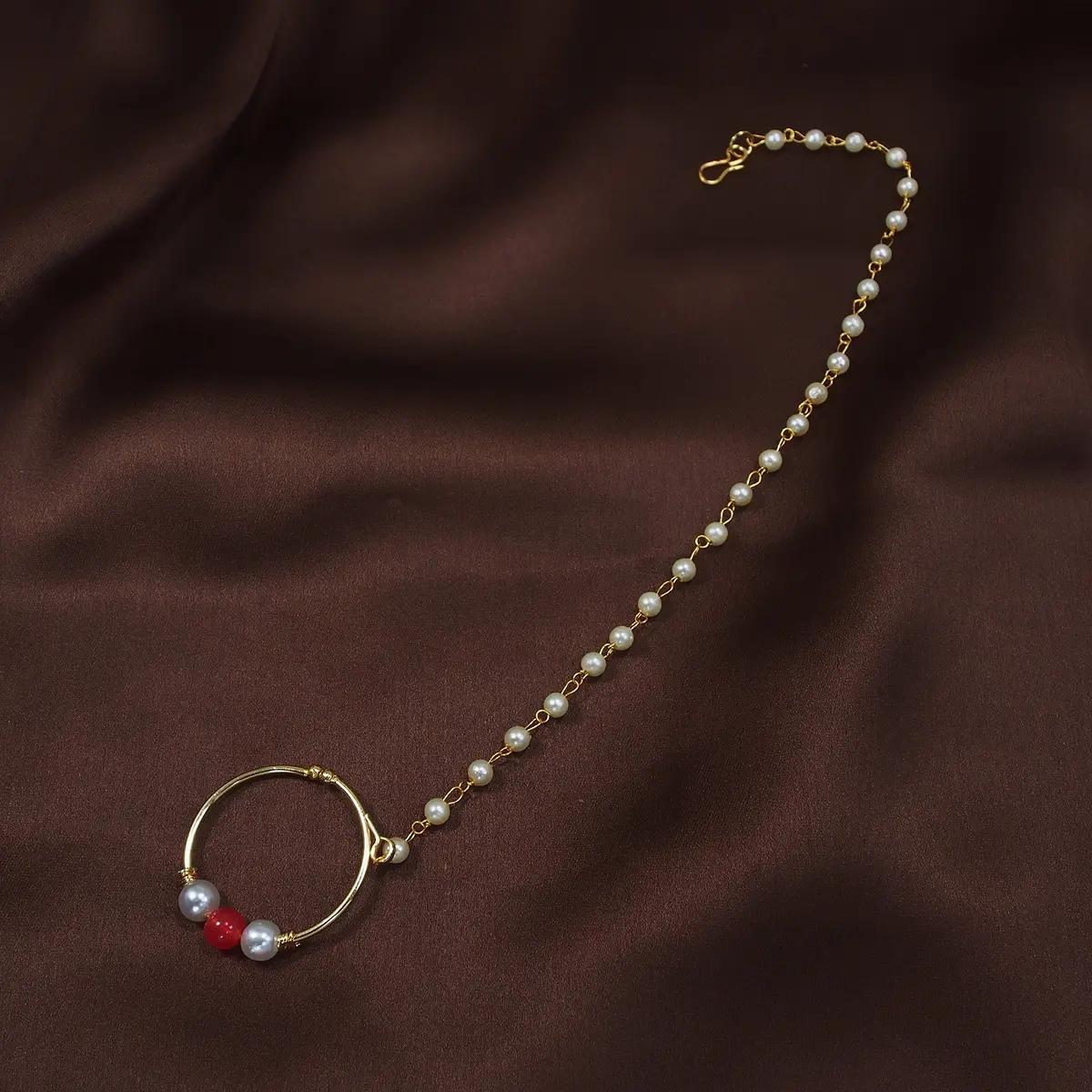 I Jewels Gold Plated Clip-On Nose Ring with Pearl Chain & Hook Closure, 19 cm Chain | Traditional Indian Bridal Jewelry - view 2