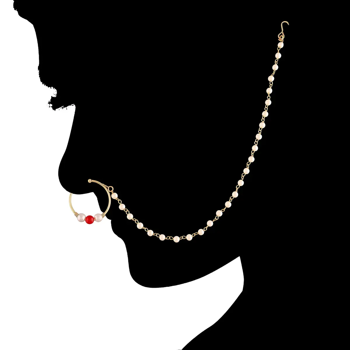 I Jewels Gold Plated Clip-On Nose Ring with Pearl Chain & Hook Closure, 19 cm Chain | Traditional Indian Bridal Jewelry - view 3