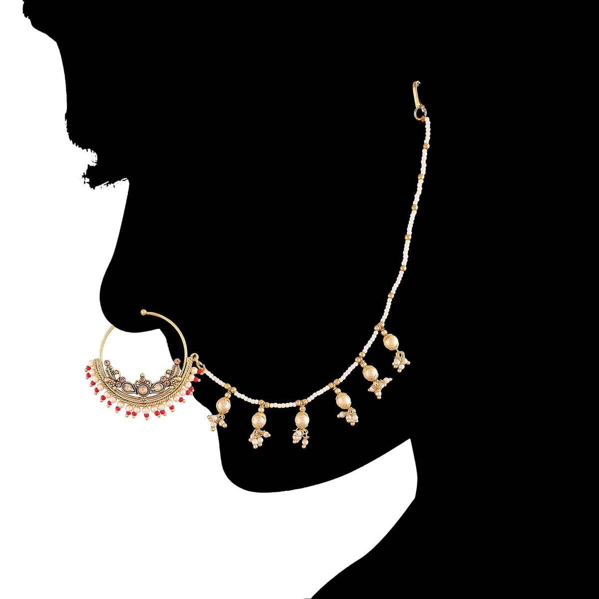 I Jewels 18k Gold Plated Clip-On Nose Ring with Pearl Chain & Hook Closure, 4.5 cm Outer Diameter | Traditional Indian Bridal Jewelry - view 5