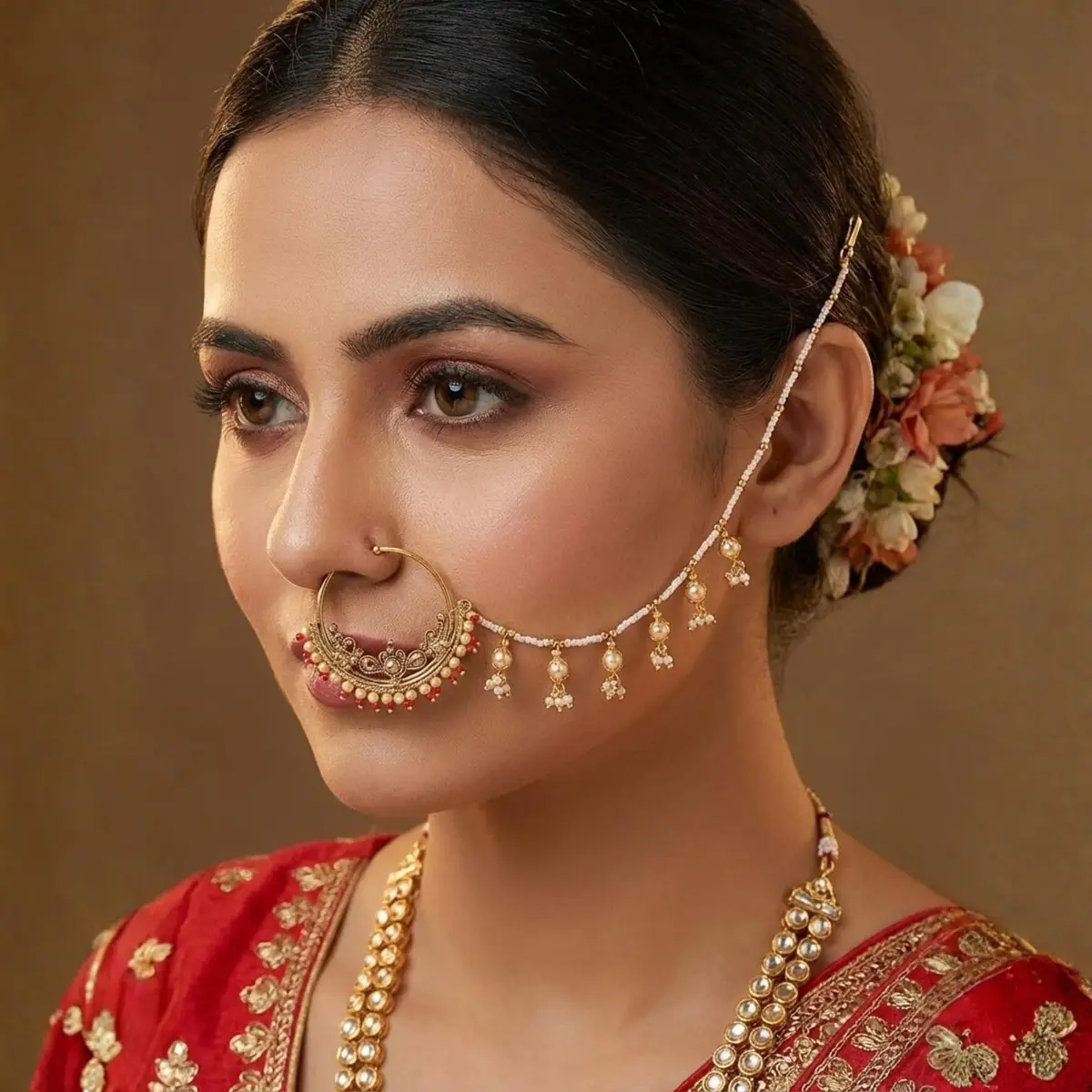 I Jewels 18k Gold Plated Clip-On Nose Ring with Pearl Chain & Hook Closure, 4.5 cm Outer Diameter | Traditional Indian Bridal Jewelry - view 2