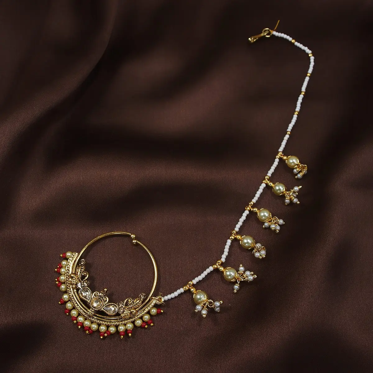 I Jewels 18k Gold Plated Clip-On Nose Ring with Pearl Chain & Hook Closure, 4.5 cm Outer Diameter | Traditional Indian Bridal Jewelry - view 3