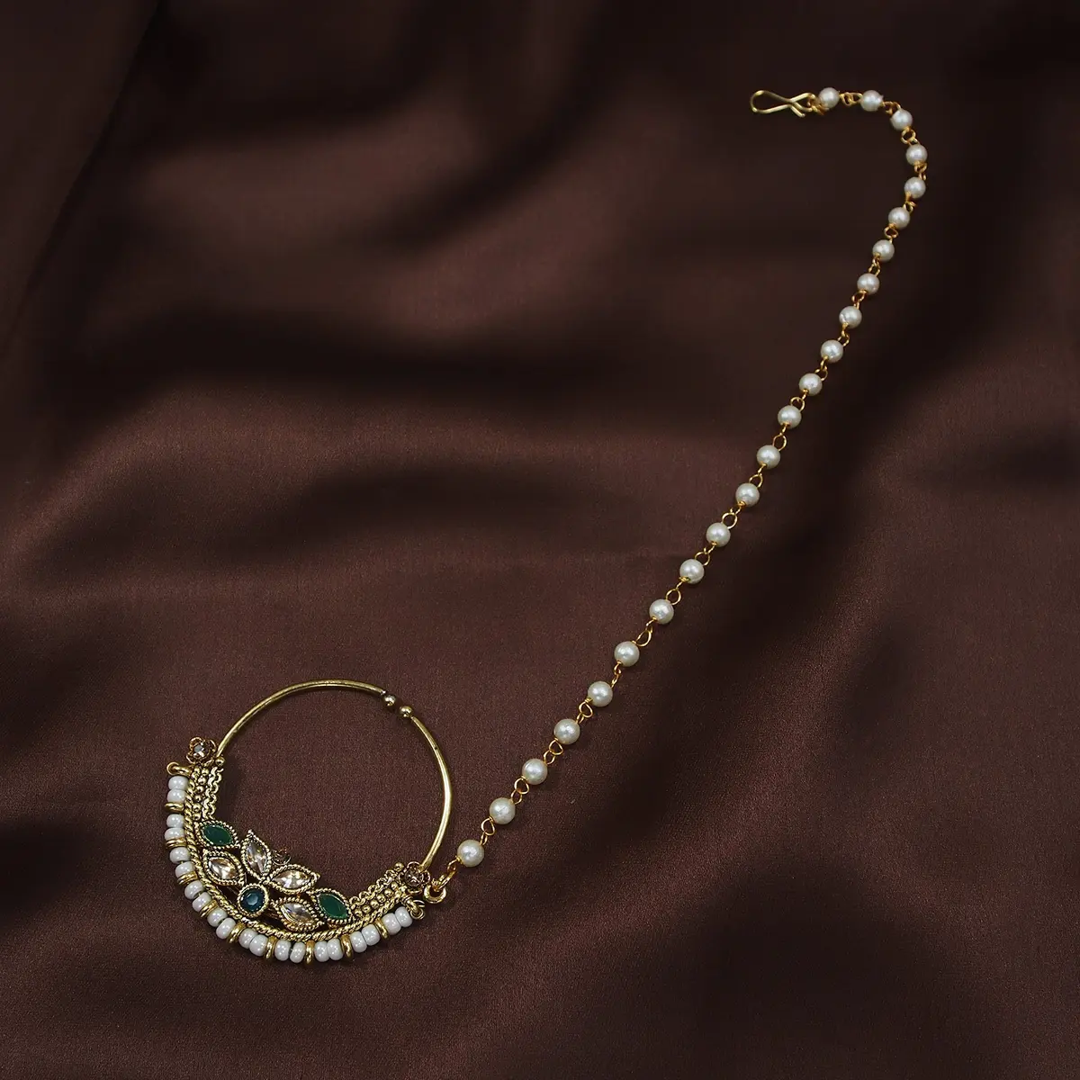 I Jewels Gold Plated Clip-On Nose Ring with Pearl Chain NL41G | 4.5 cm (1.77 in) - view 2