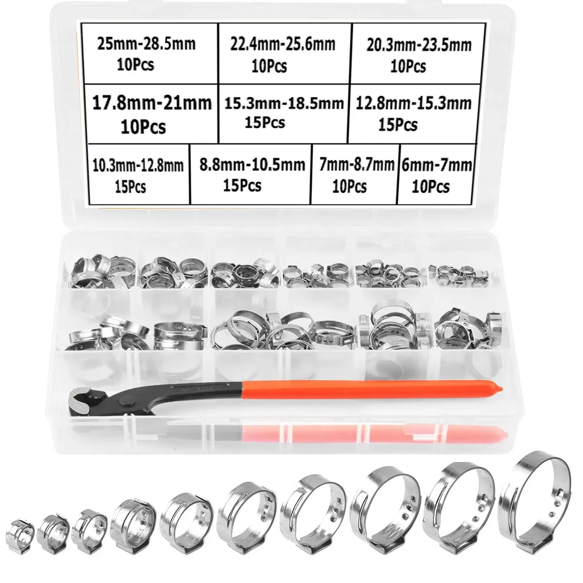 Alfykym Single Ear Hose Clamps Assortment Kit 6mm-28.5mm (131 Pcs) | Stainless Steel Cinch Rings with Pincer - main product image