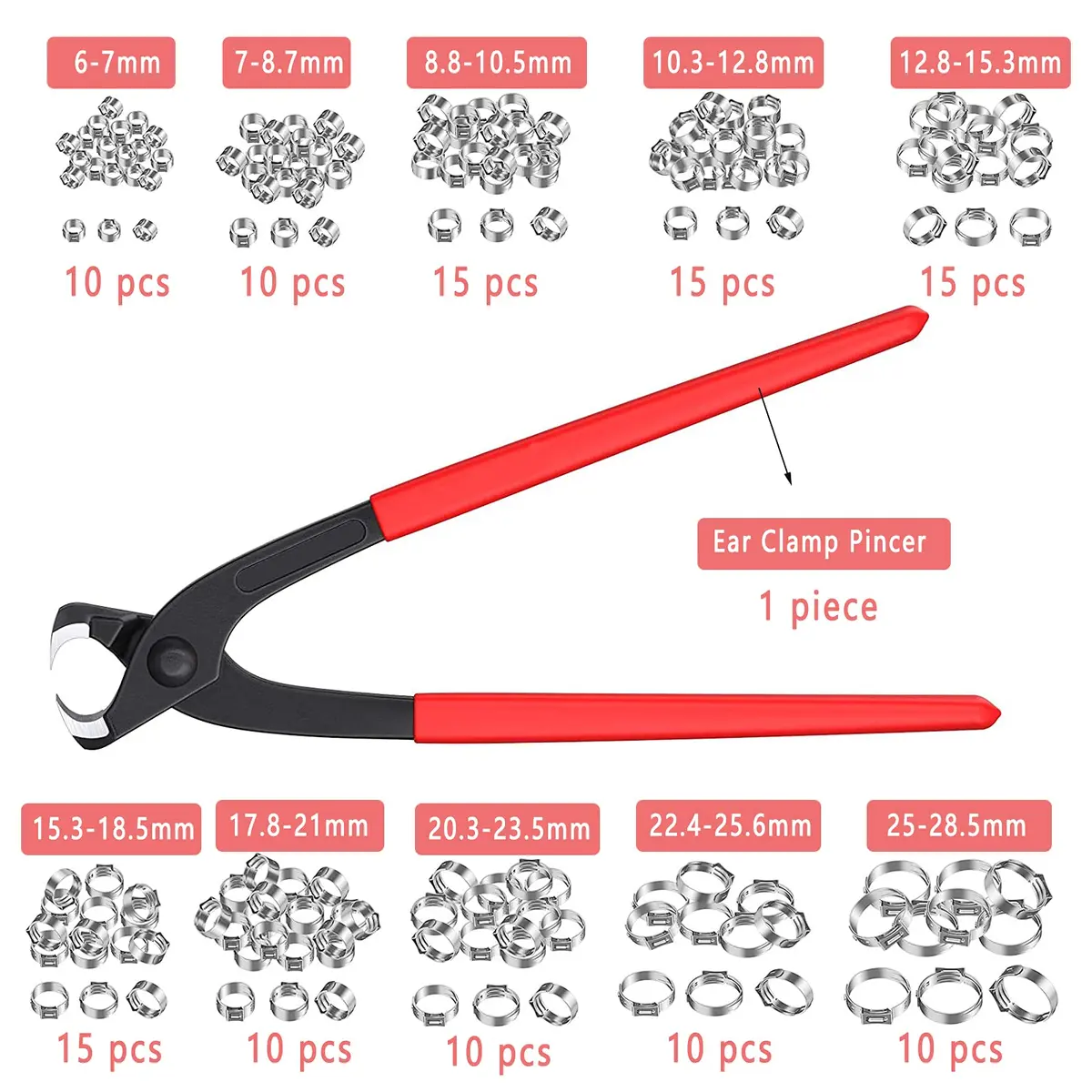 Alfykym Single Ear Hose Clamps Assortment Kit 6mm-28.5mm (131 Pcs) | Stainless Steel Cinch Rings with Pincer - view 2