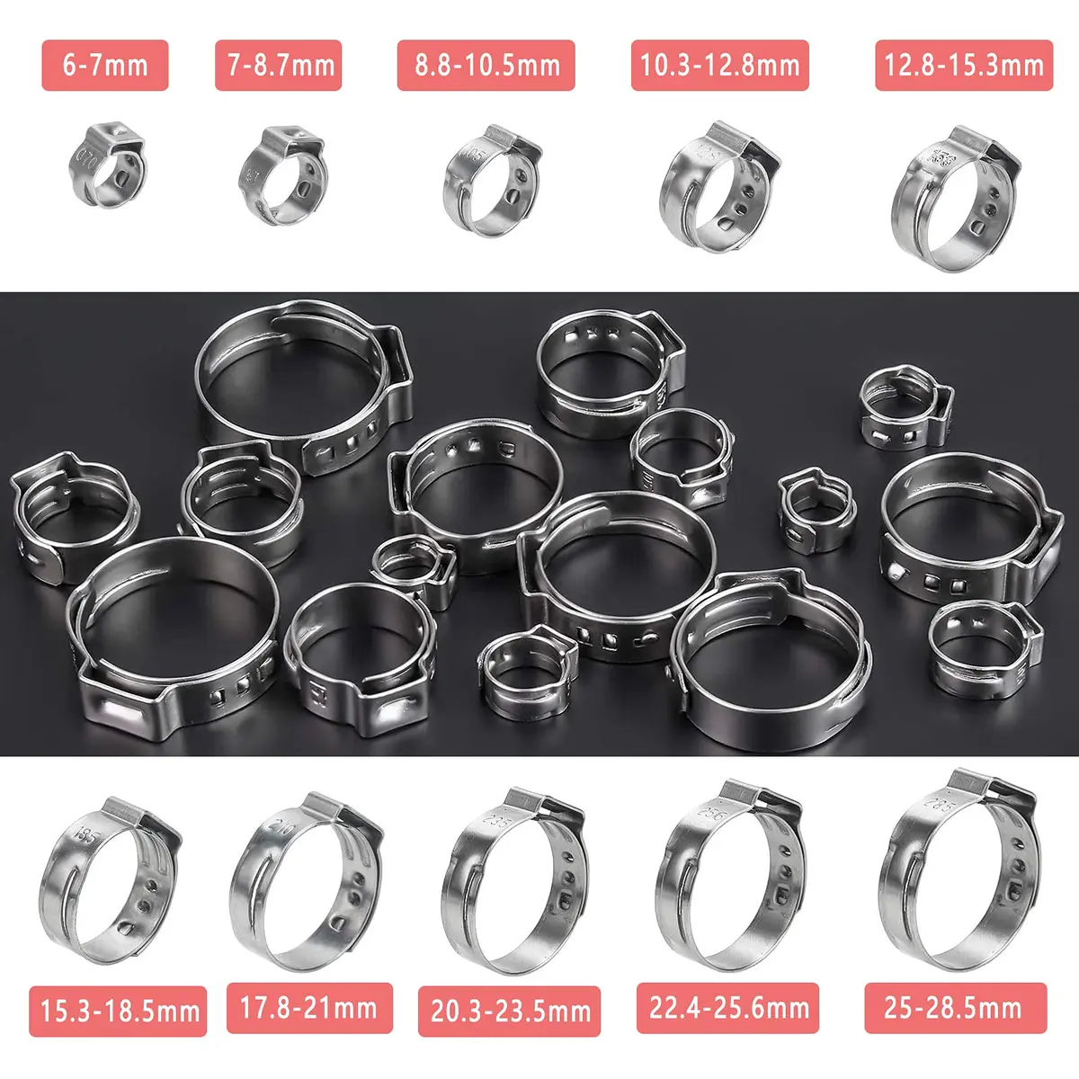 Alfykym Single Ear Hose Clamps Assortment Kit 6mm-28.5mm (131 Pcs) | Stainless Steel Cinch Rings with Pincer - view 3