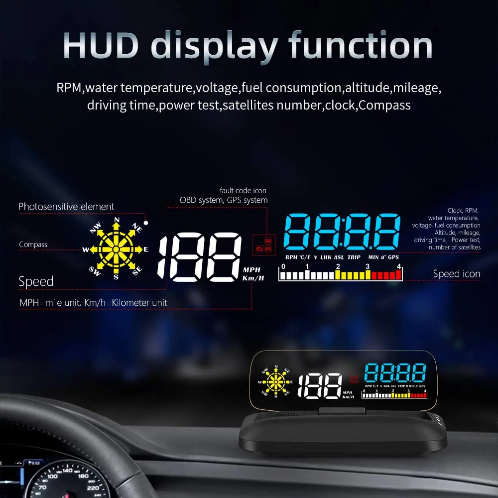wiiyii Car HUD OBD2 Gauge, Head Up Display, Digital Speedometer, Wide Viewing, Safe Driving - view 5