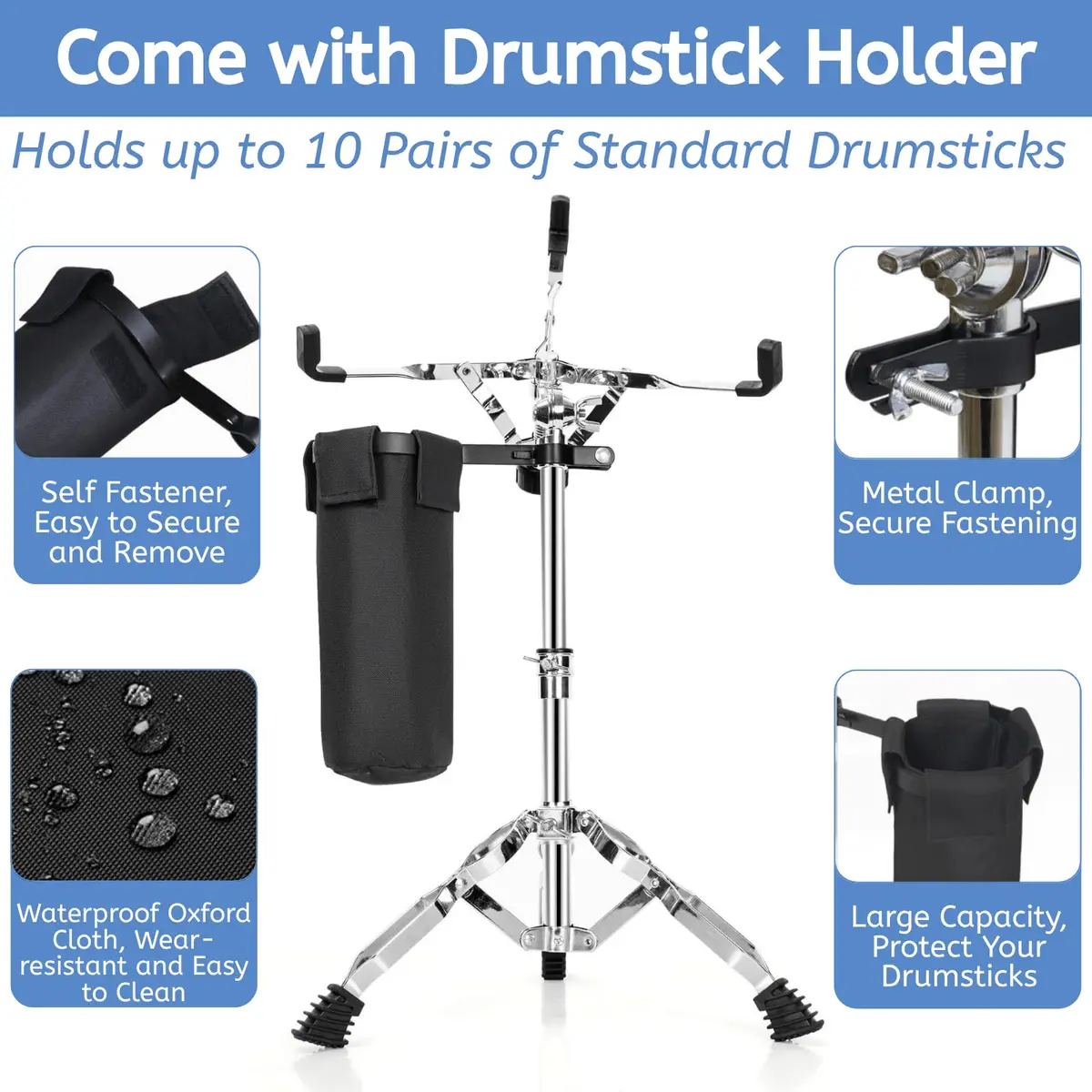 Youeon Snare Drum Stand with Drum Sticks Holder, Adjustable Height 14.5-23 Inches, Double Braced Tripod, Lightweight, Silver - view 5
