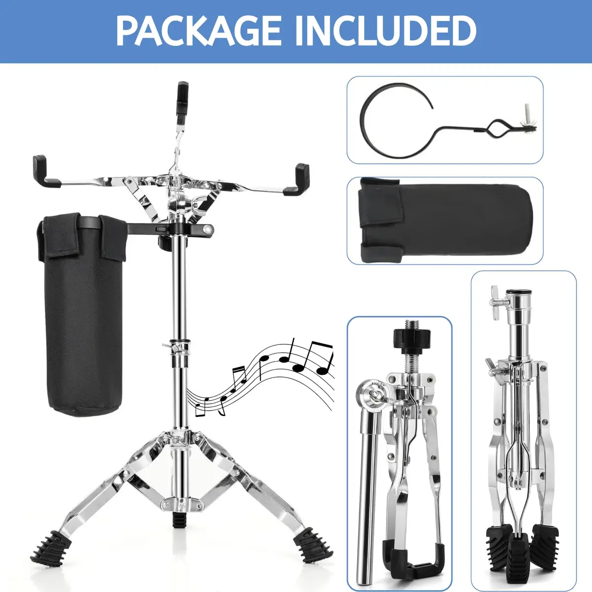 Youeon Snare Drum Stand with Drum Sticks Holder, Adjustable Height 14.5-23 Inches, Double Braced Tripod, Lightweight, Silver - view 6
