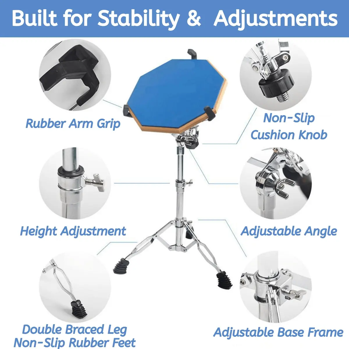 Youeon Snare Drum Stand with Drum Sticks Holder, Adjustable Height 14.5-23 Inches, Double Braced Tripod, Lightweight, Silver - view 3