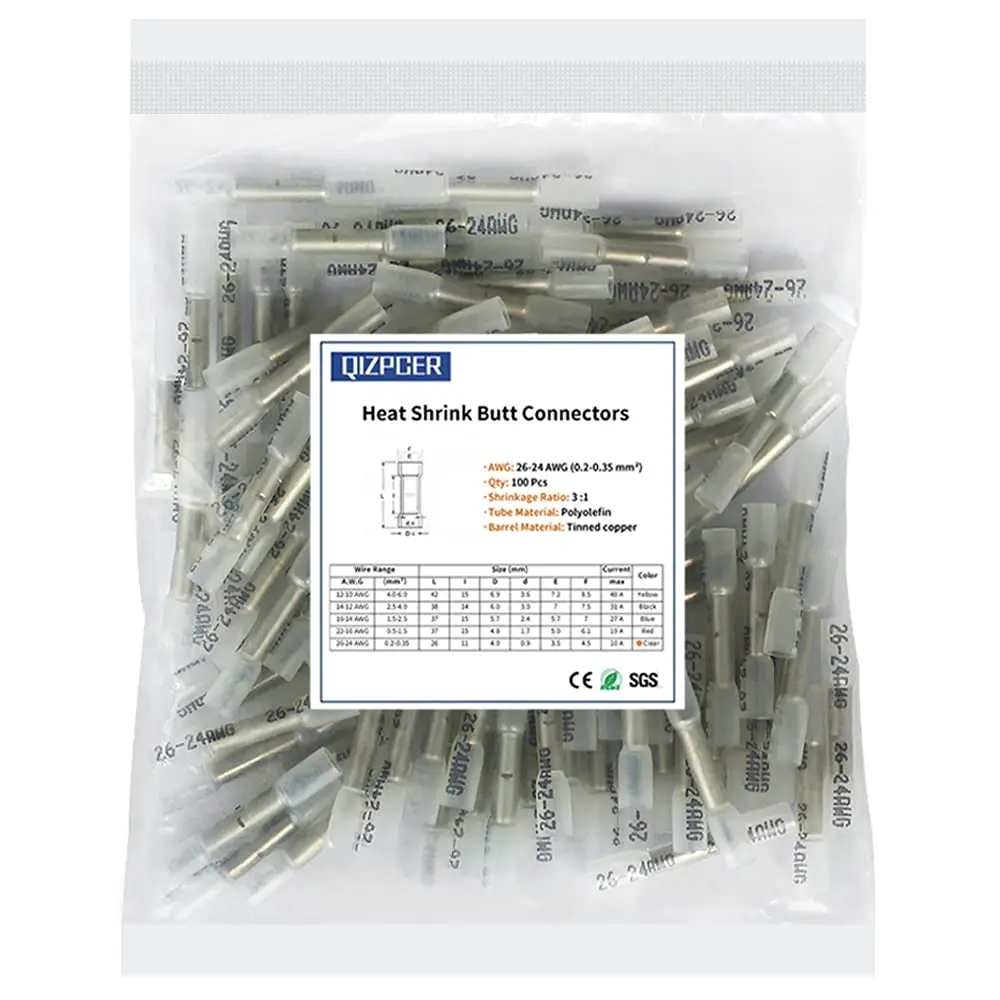 Qizpcer Clear Heat Shrink Butt Connectors 100 Pcs (26-24 AWG) | Waterproof Marine Grade Electrical Splice - main product image