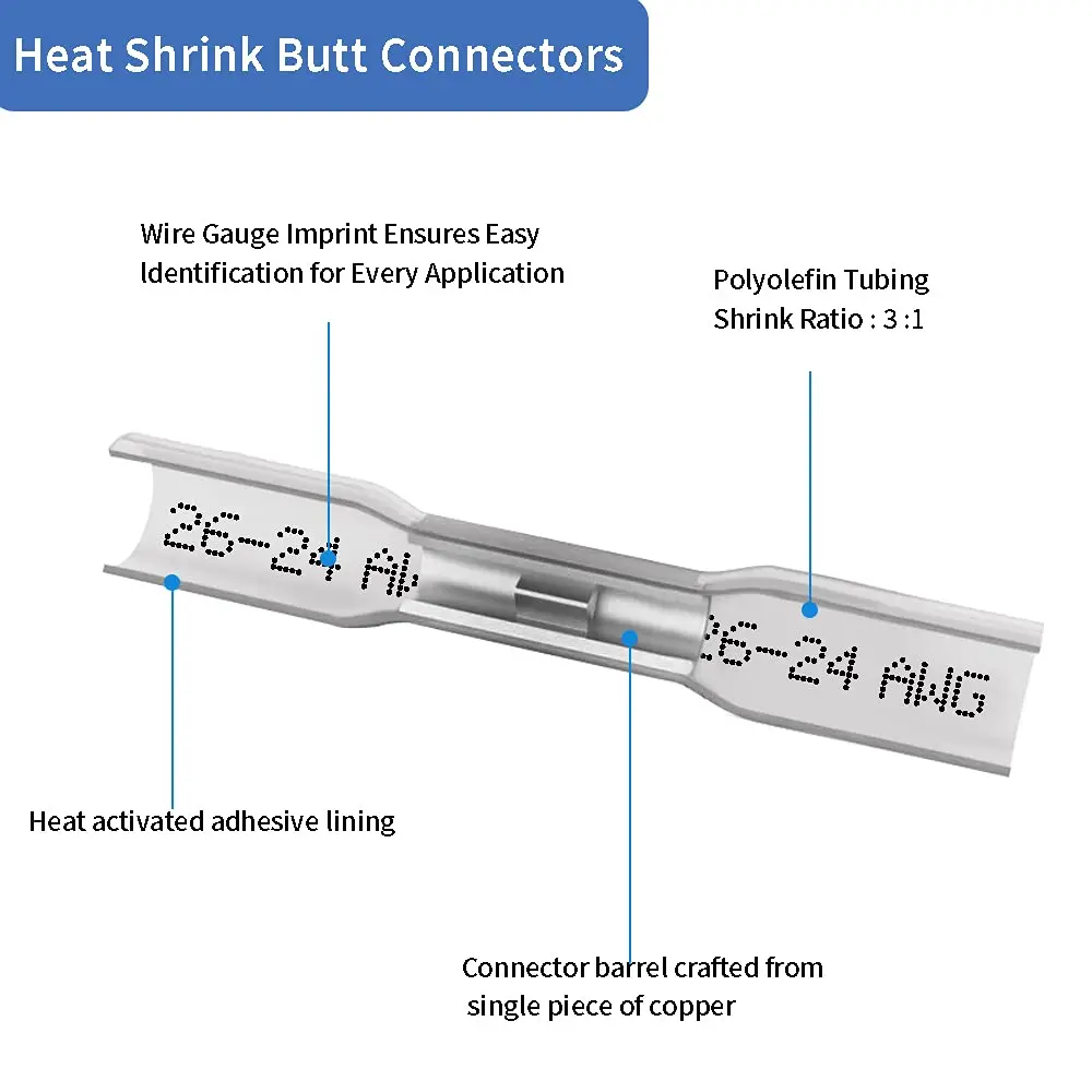 Qizpcer Clear Heat Shrink Butt Connectors 100 Pcs (26-24 AWG) | Waterproof Marine Grade Electrical Splice - view 3