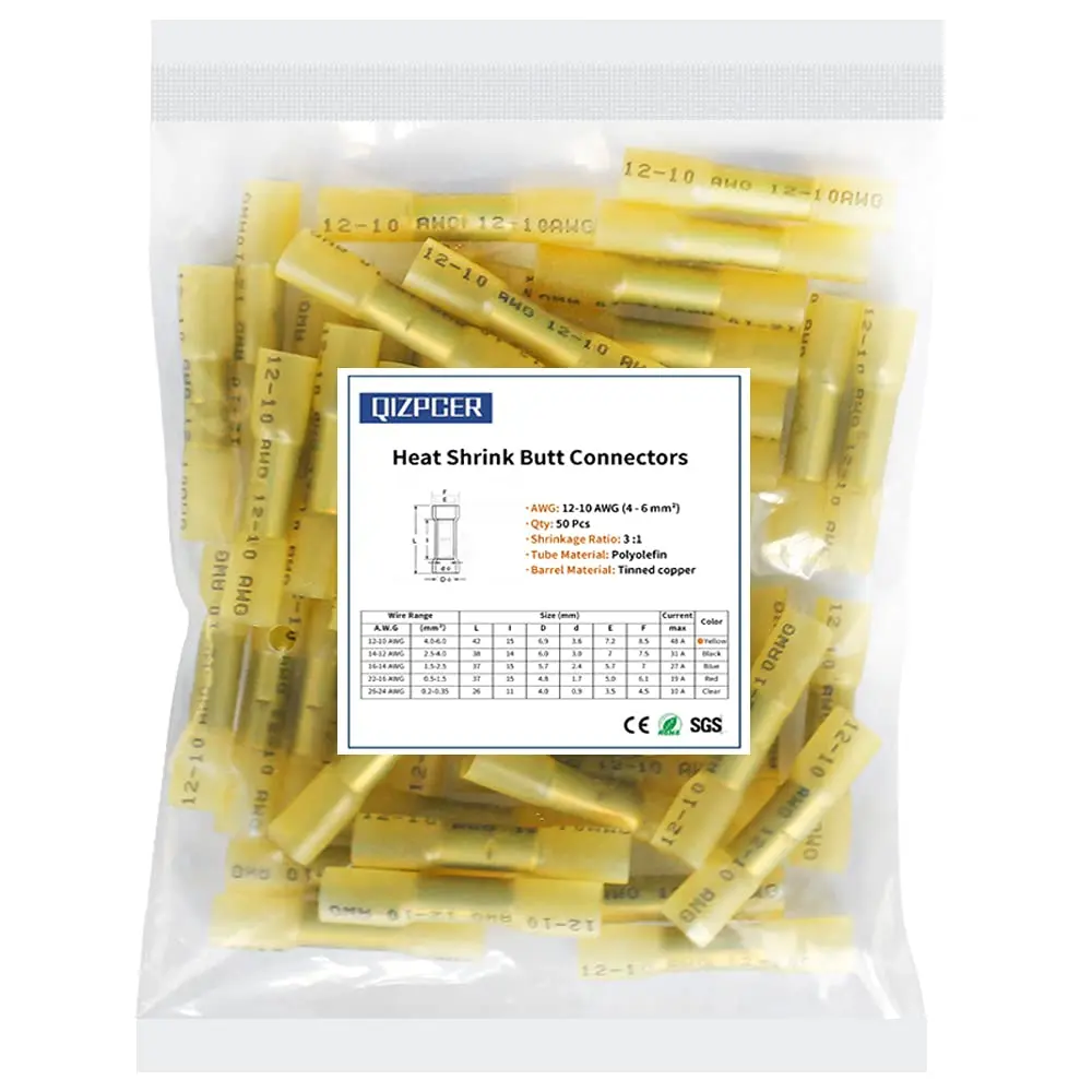 Qizpcer Yellow Heat Shrink Butt Connectors 12-10 AWG (50 Pcs) | Waterproof Crimp Terminals for Marine & Electrical - main product image
