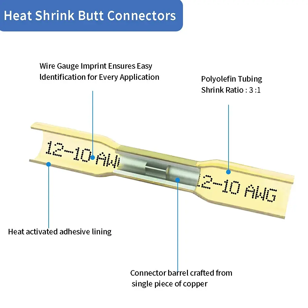Qizpcer Yellow Heat Shrink Butt Connectors 12-10 AWG (50 Pcs) | Waterproof Crimp Terminals for Marine & Electrical - view 3