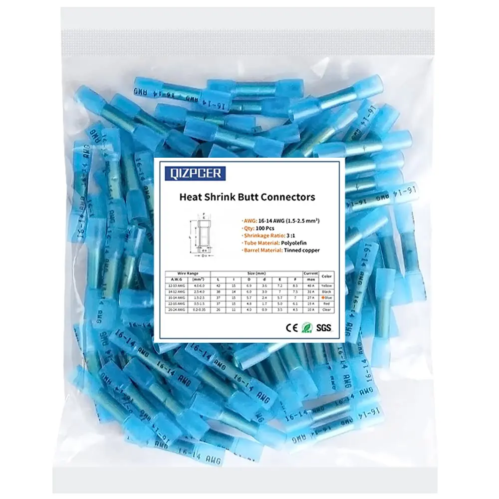 Qizpcer Blue Heat Shrink Butt Connectors 100 Pcs | 16-14 AWG Waterproof Electrical Crimp Wire Splice for Marine, Cable, Wiring - main product image