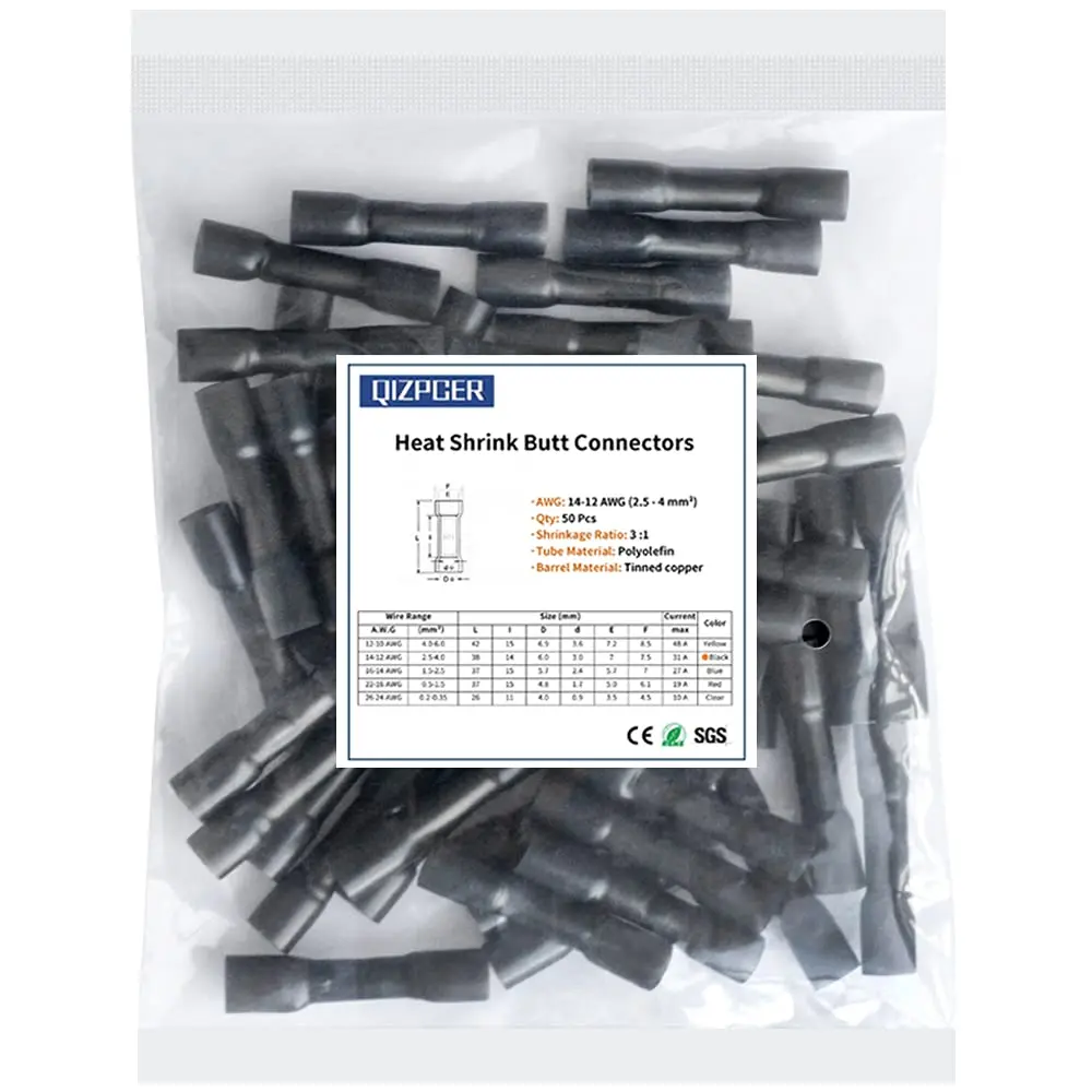 Qizpcer Black Heat Shrink Butt Connectors 50Pcs 14-12 AWG (2.5-4 mm²) | Waterproof Marine Grade Crimp Wire Splices - main product image