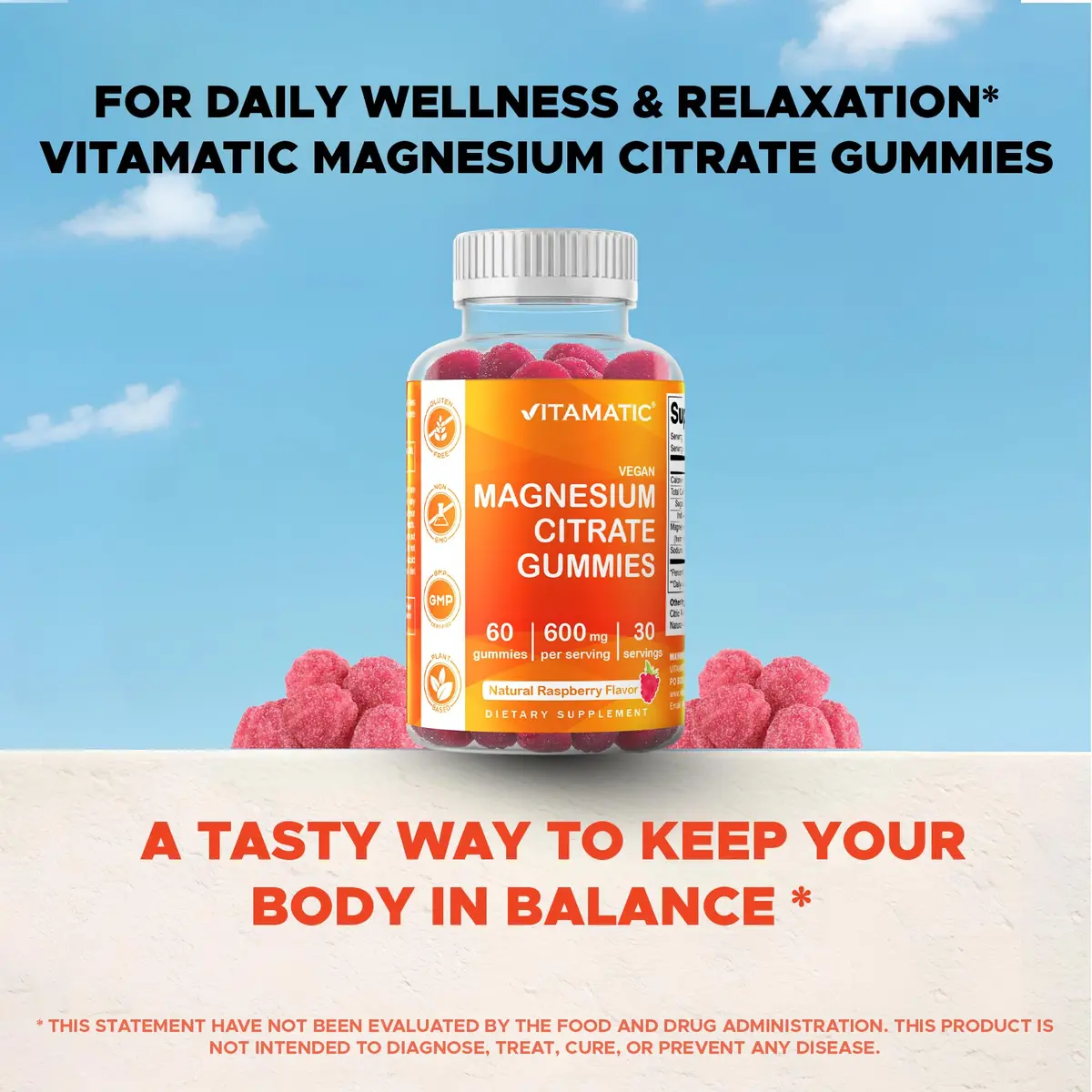 Vitamatic Magnesium Citrate Gummies 600 mg | Vegan Raspberry Flavor | 60 Gummies - view 6