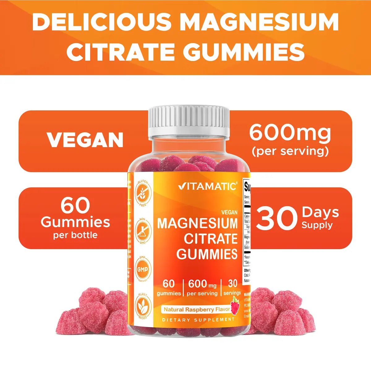 Vitamatic Magnesium Citrate Gummies 600 mg | Vegan Raspberry Flavor | 60 Gummies - view 4