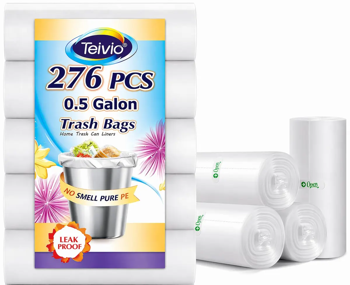 Teivio Mini Clear Trash Bags 0.5 Gallon 276 Count 11"x12" Unscented | Small Bathroom Garbage Can Liners - main product image