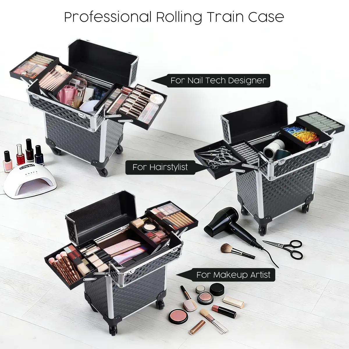 Mecucasi Large Cosmetic Trolley Case with Keys | Aluminum Makeup Organizer for Hairstylist & Salon (92.96cm x 34.04cm x 24.13cm) - view 5