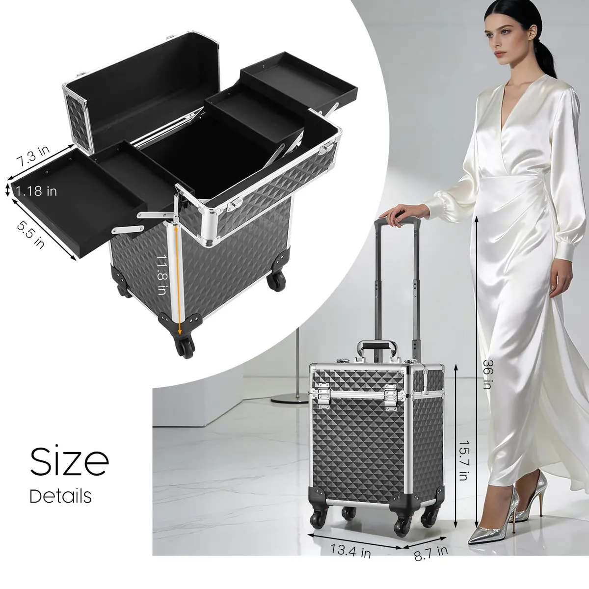 Mecucasi Large Cosmetic Trolley Case with Keys | Aluminum Makeup Organizer for Hairstylist & Salon (92.96cm x 34.04cm x 24.13cm) - view 6