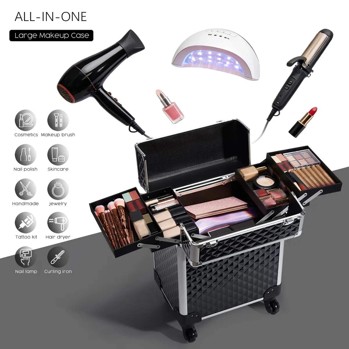 Mecucasi Large Cosmetic Trolley Case with Keys | Aluminum Makeup Organizer for Hairstylist & Salon (92.96cm x 34.04cm x 24.13cm) - view 9
